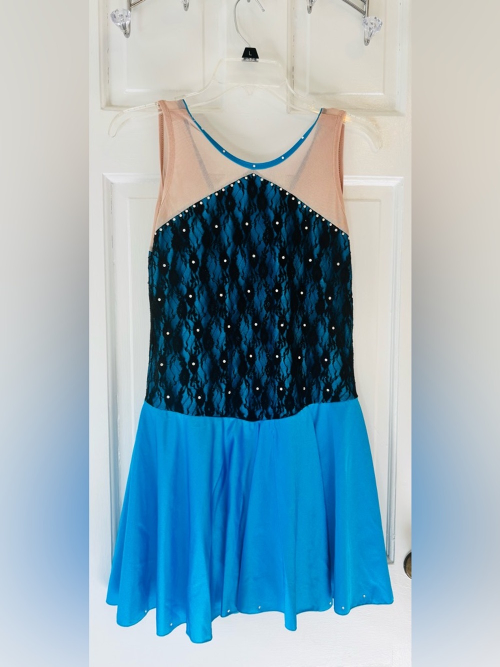 Girls Blue & Black Skating Dress with Nude Mesh